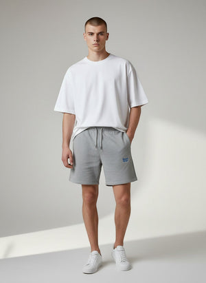 BeachBodyz® heather grey cotton blend jogger shorts with blue embroidered logo and drawstring waist.