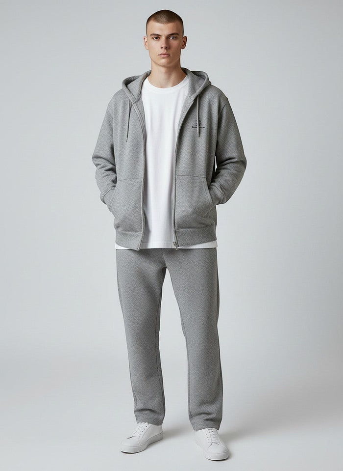 BeachBodyz® heather grey zip-up hoodie with subtle logo embroidery and front pockets. Made from a soft cotton blend.