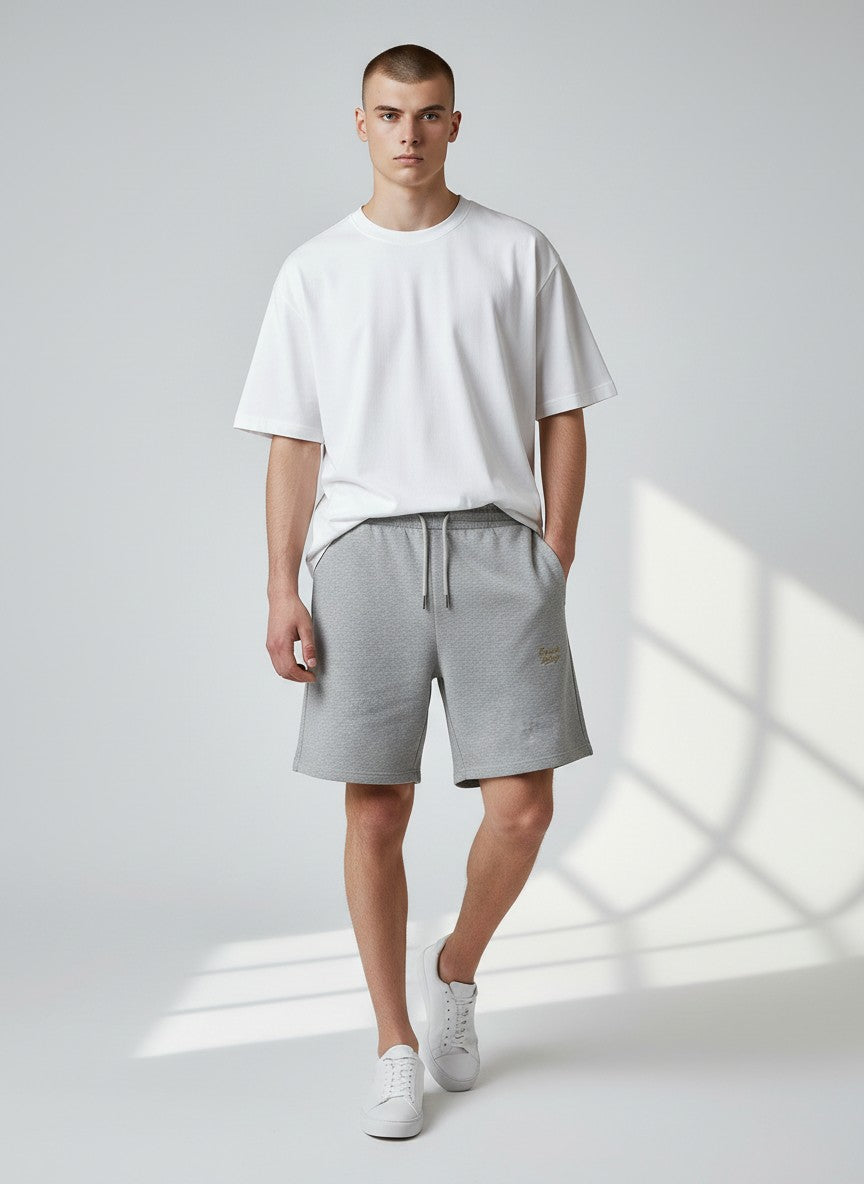 BeachBodyz® heather grey cotton blend jogger shorts with embroidered logo and drawstring waist.