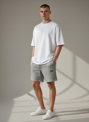 BeachBodyz® heather grey cotton blend jogger shorts with embroidered logo and drawstring waist.