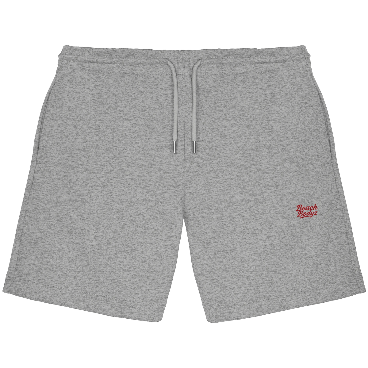 BeachBodyz® heather grey organic cotton jogger shorts with red embroidered logo and drawstring waist. Casual streetwear style.
