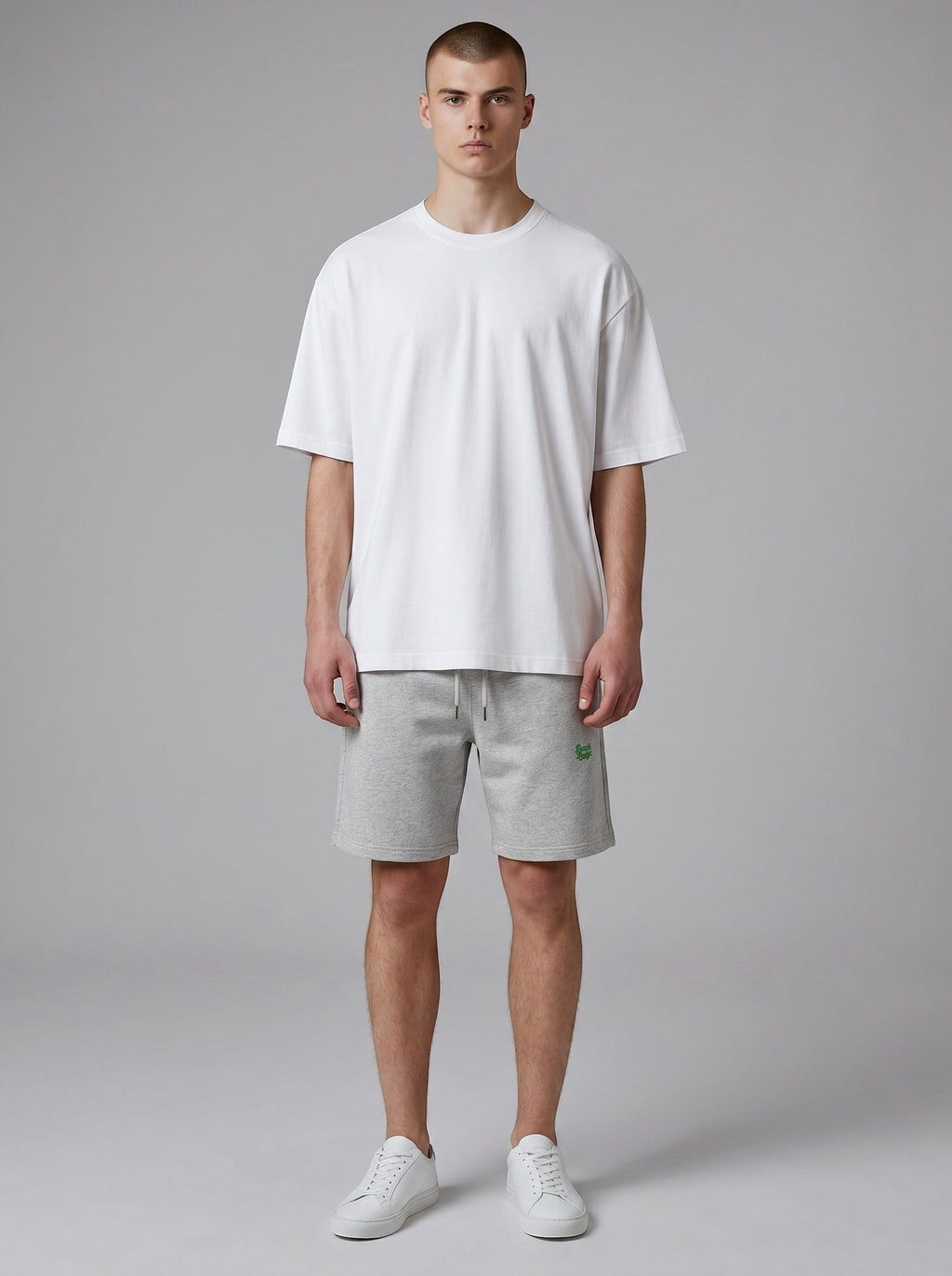 BeachBodyz® heather grey cotton blend jogger shorts with embroidered logo and drawstring waist.