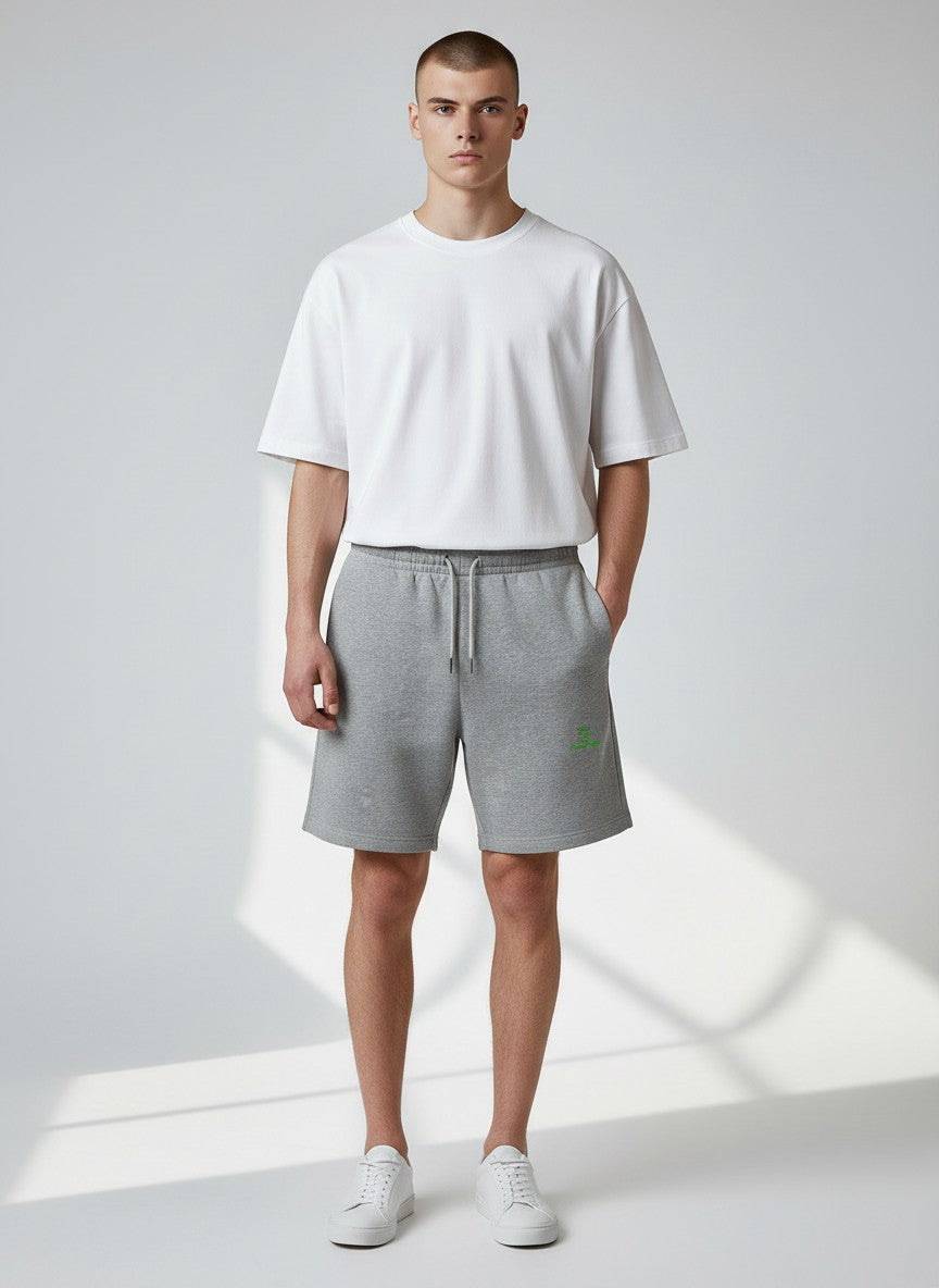 BeachBodyz® heather grey organic cotton jogger shorts with embroidered logo and drawstring waist.