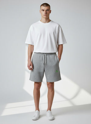 BeachBodyz® heather grey organic cotton jogger shorts with embroidered logo and drawstring waist.