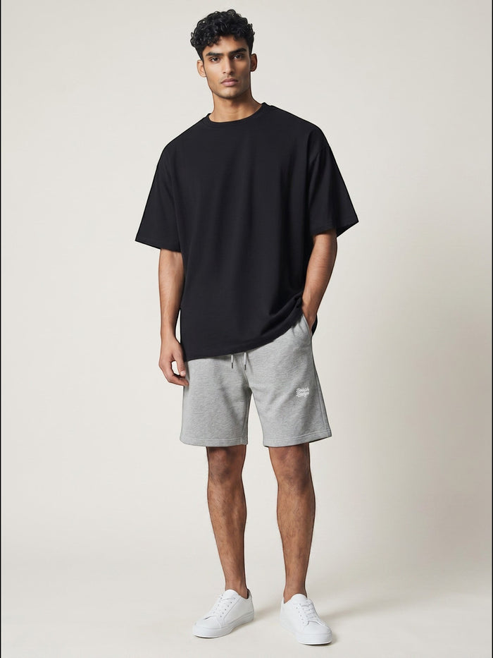 BeachBodyz® heather grey cotton blend jogger shorts with white embroidered logo and drawstring waist.