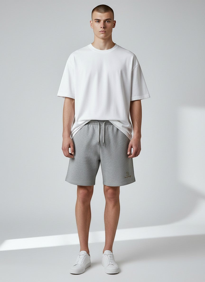 BeachBodyz® heather grey organic cotton jogger shorts with embroidered logo and drawstring waist.