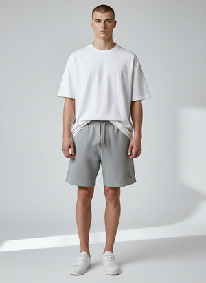 BeachBodyz® heather grey organic cotton jogger shorts with embroidered logo and drawstring waist.