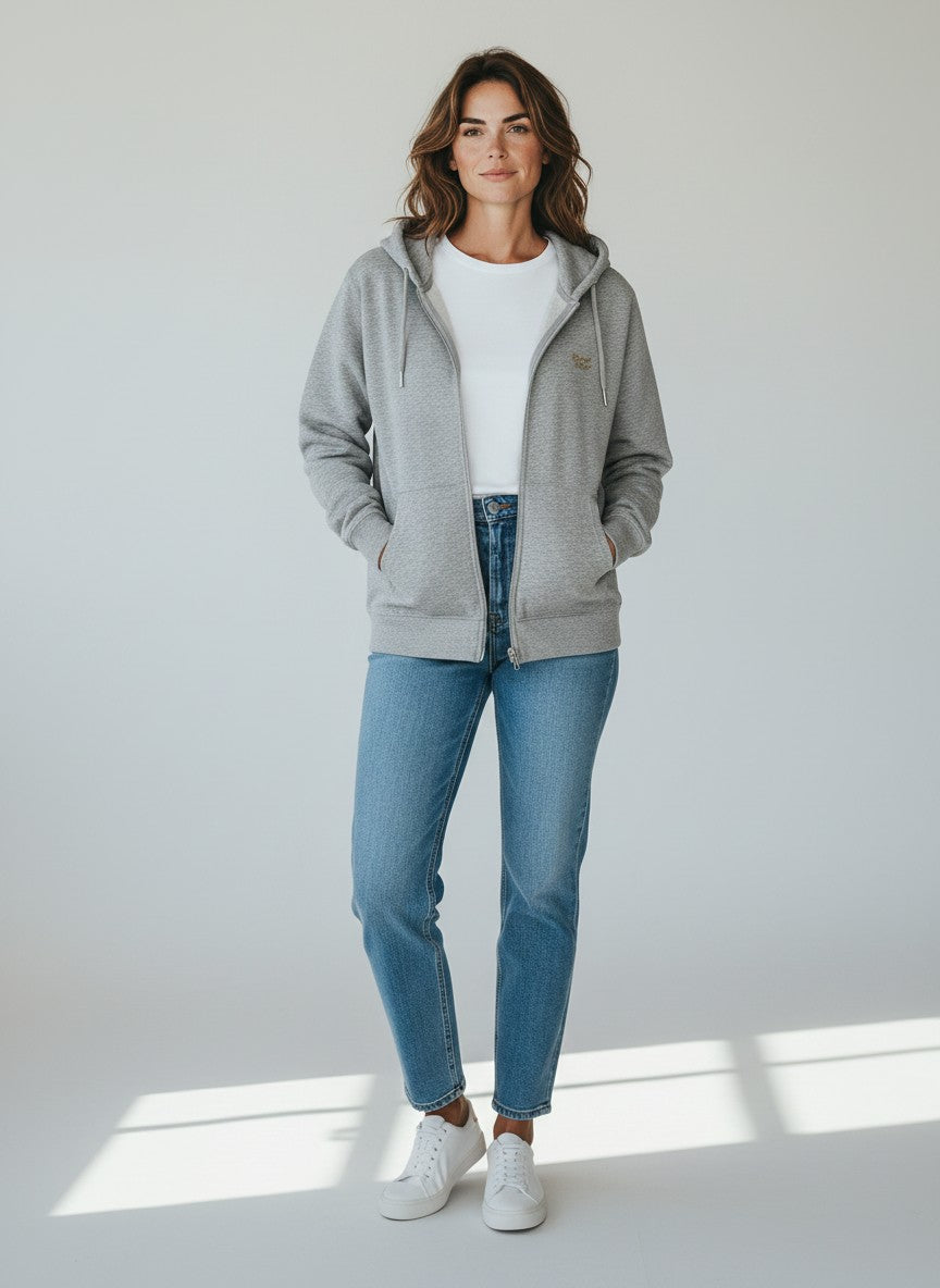 BeachBodyz® heather grey organic cotton zip hoodie with embroidered logo on chest and front pockets.