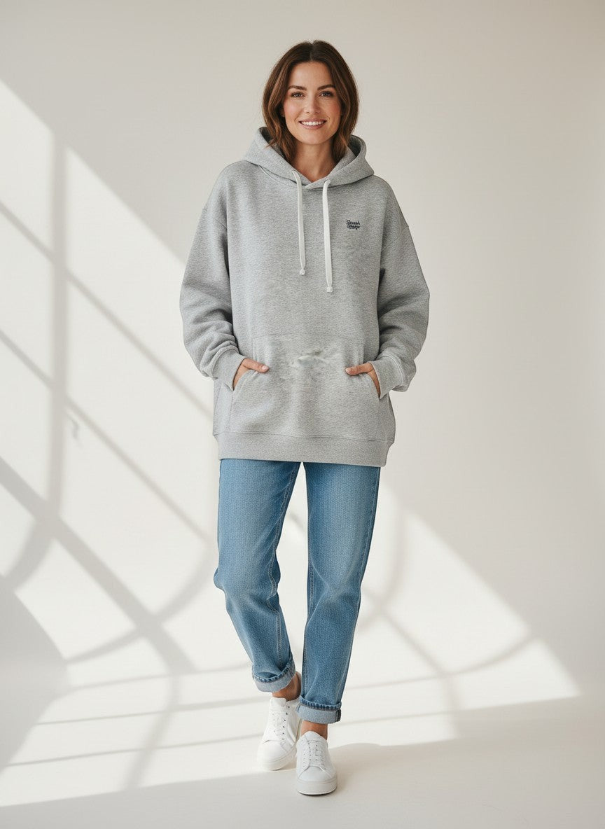 BeachBodyz® heather grey oversized hoodie made from 400gsm bio-cotton with embroidered logo and white drawstrings.