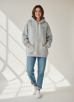 BeachBodyz® heather grey oversized hoodie made from 400gsm bio-cotton with embroidered logo and white drawstrings.