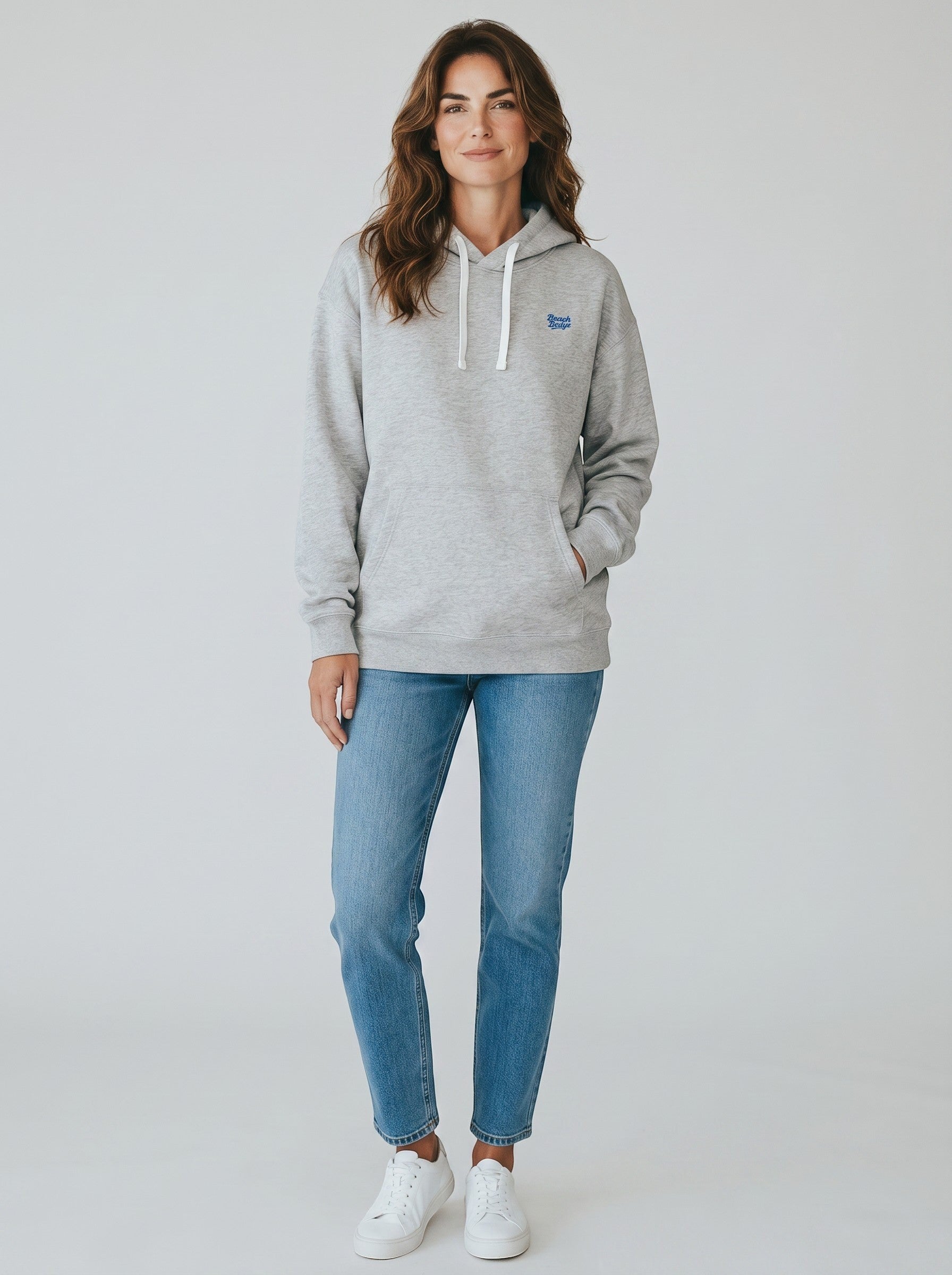 BeachBodyz® heather grey organic cotton oversized hoodie with blue 'Blau Tab' embroidery and white drawstrings.