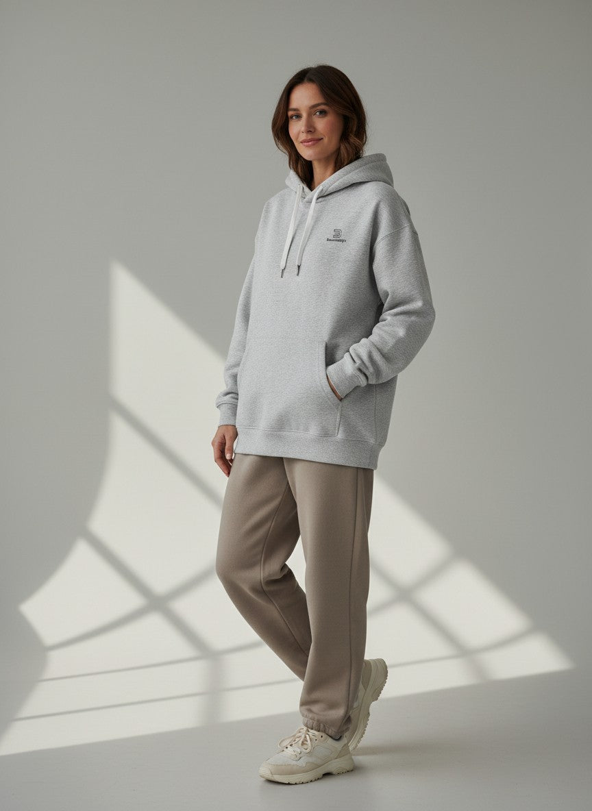 BeachBodyz® heather grey oversized hoodie made from 400gsm organic cotton with embroidered logo on chest and kangaroo pocket.