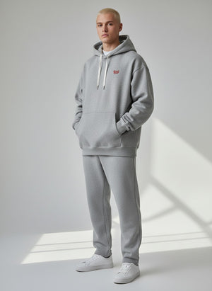 BeachBodyz® heather grey oversized hoodie made from 400gsm organic cotton with a small red embroidered logo on the chest.