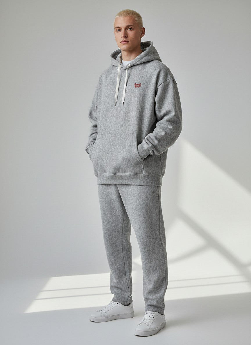 BeachBodyz® heather grey oversized hoodie made from 400gsm organic cotton with a small red embroidered logo on the chest.