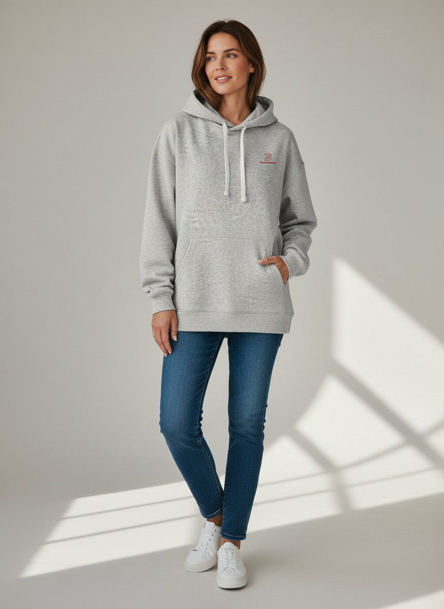 BeachBodyz® heather grey oversized hoodie made from 400gsm organic cotton with a small red embroidered logo on the chest.