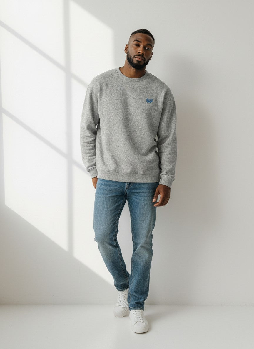 BeachBodyz® heather grey organic cotton oversized sweatshirt with blue embroidered logo on chest.