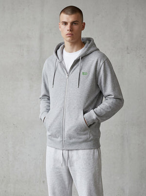 BeachBodyz® heather grey zip-up hoodie with embroidered logo on chest, made from soft organic cotton blend.