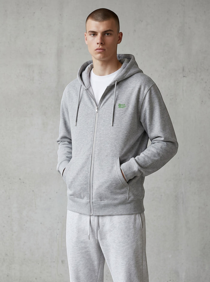BeachBodyz® heather grey zip-up hoodie with embroidered logo on chest, made from soft organic cotton blend.