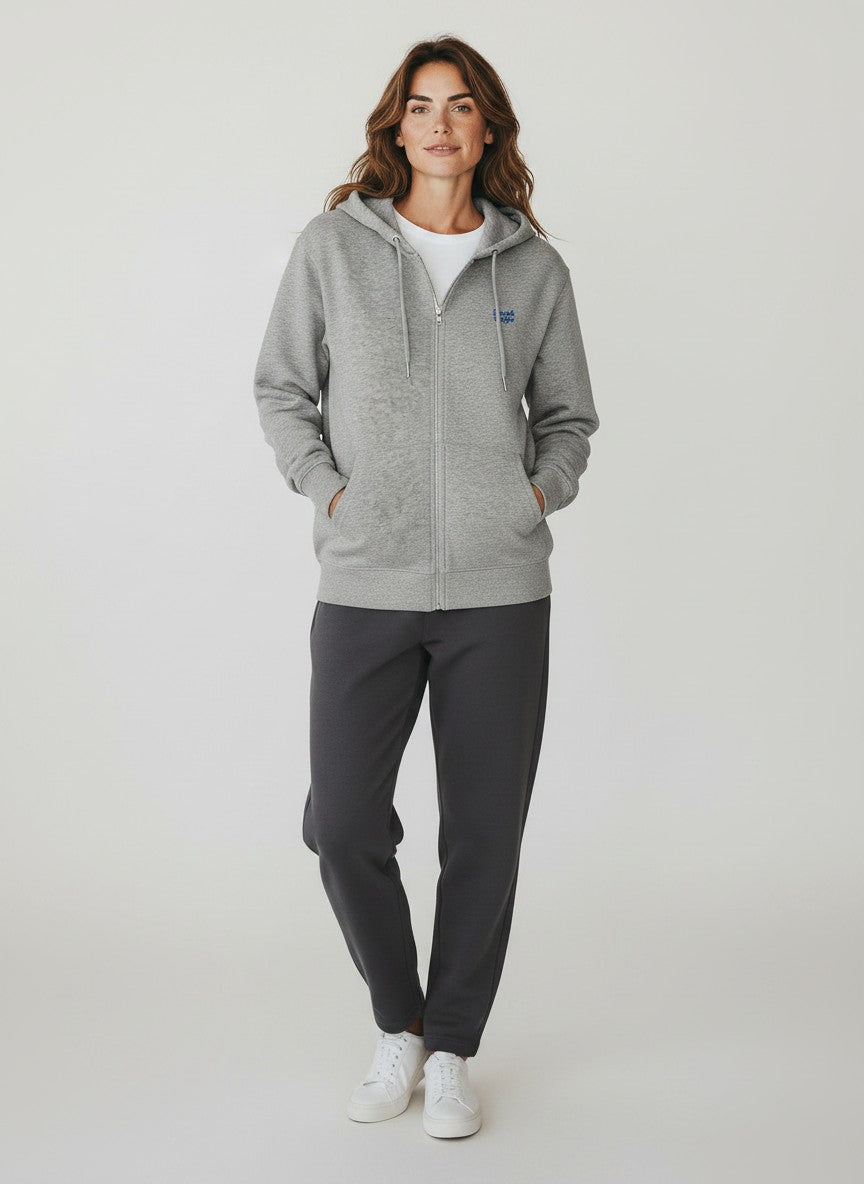 BeachBodyz® heather grey zip-up hoodie with blue embroidered logo on chest, made from organic cotton blend.