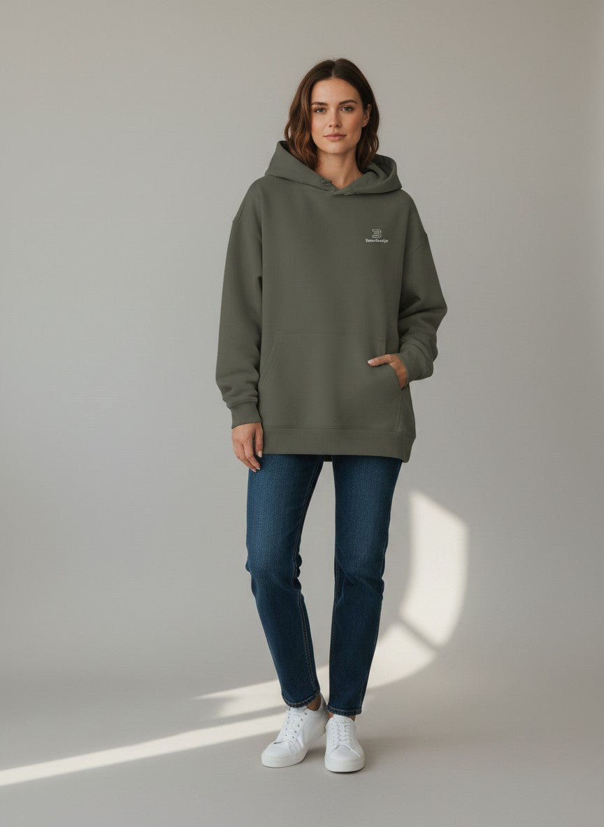 BeachBodyz® Khaki Oversize Hoodie made from 400gsm bio-cotton with a subtle embroidered logo and a front pouch pocket.