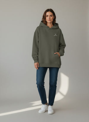 BeachBodyz® Khaki Oversize Hoodie made from 400gsm bio-cotton with a subtle embroidered logo and a front pouch pocket.