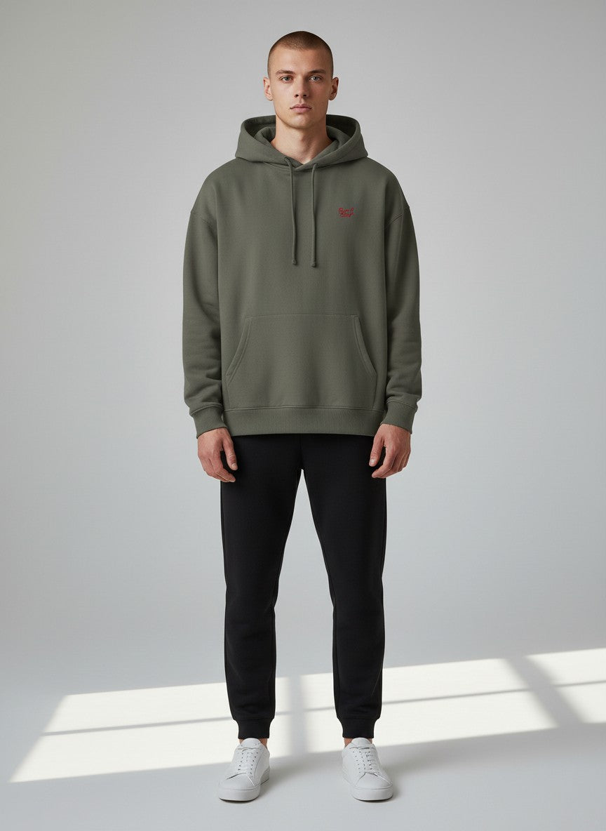 BeachBodyz® khaki oversized hoodie made from 400gsm organic cotton with a small red embroidered logo on the chest.