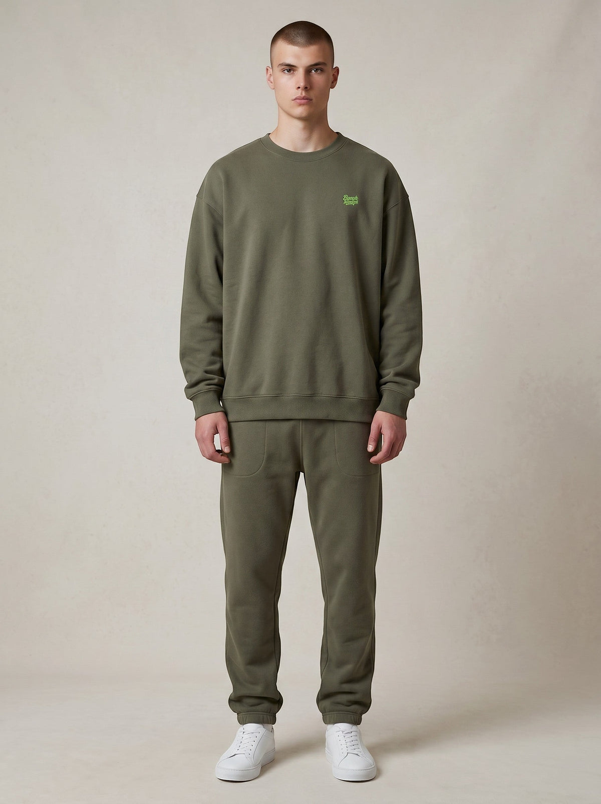 BeachBodyz® khaki oversized sweatshirt made from organic cotton with embroidered logo on chest.