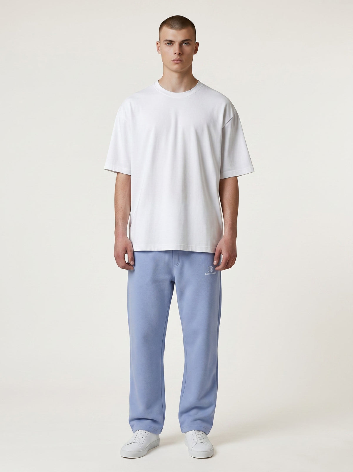 BeachBodyz® light blue cotton blend jogging pants with elastic waistband and subtle logo.