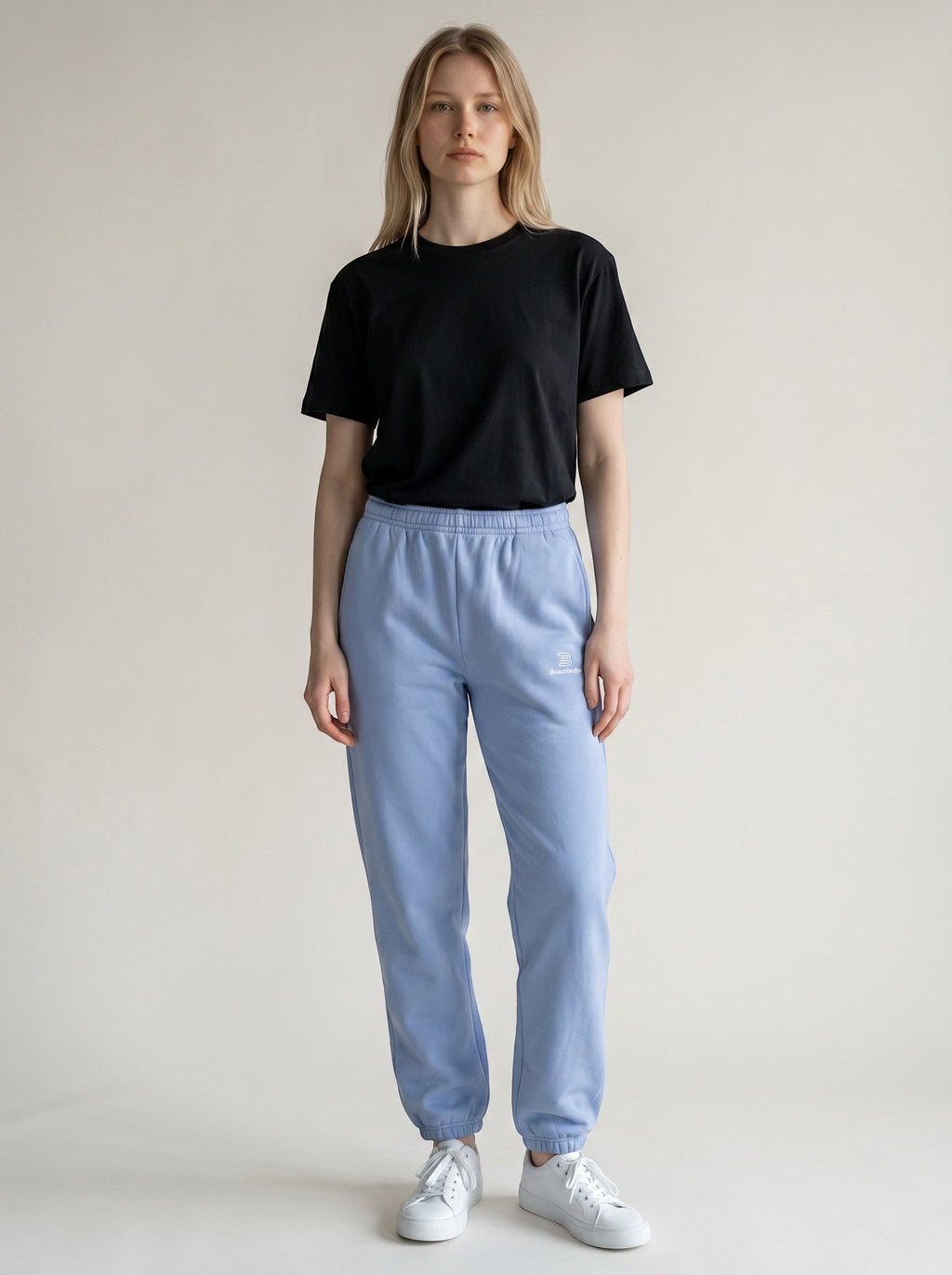 BeachBodyz® light blue fluffy oversized jogging pants with elastic waistband and logo detail.