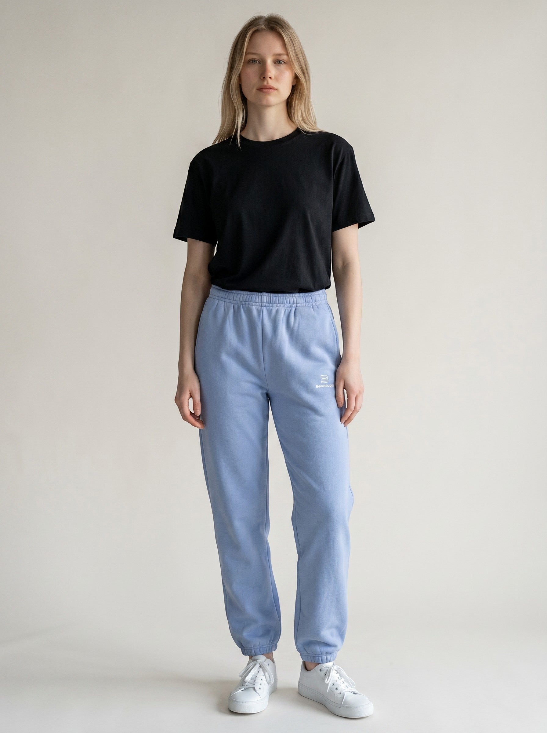 BeachBodyz® light blue fluffy oversized jogging pants with elastic waistband and logo detail.