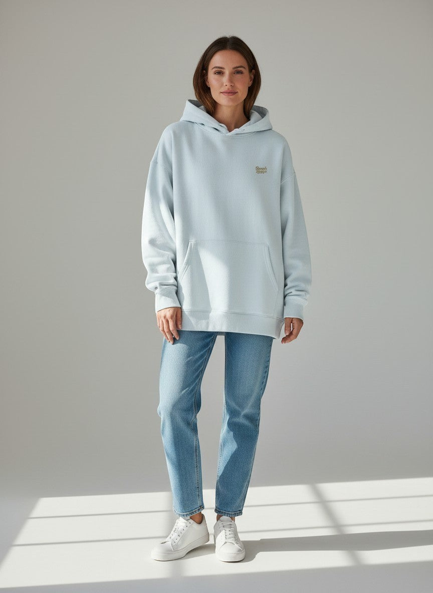 BeachBodyz® light blue oversized hoodie made from 400gsm organic cotton with embroidered logo on chest.