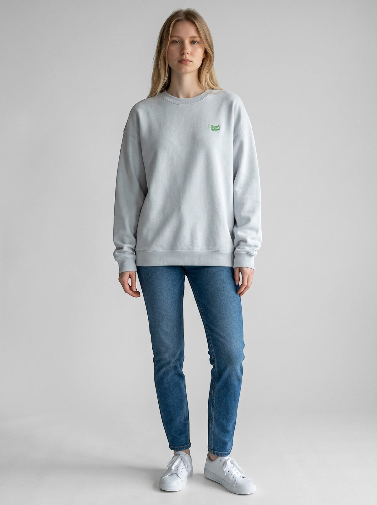 BeachBodyz® light blue organic cotton oversized sweatshirt with embroidered logo on chest.