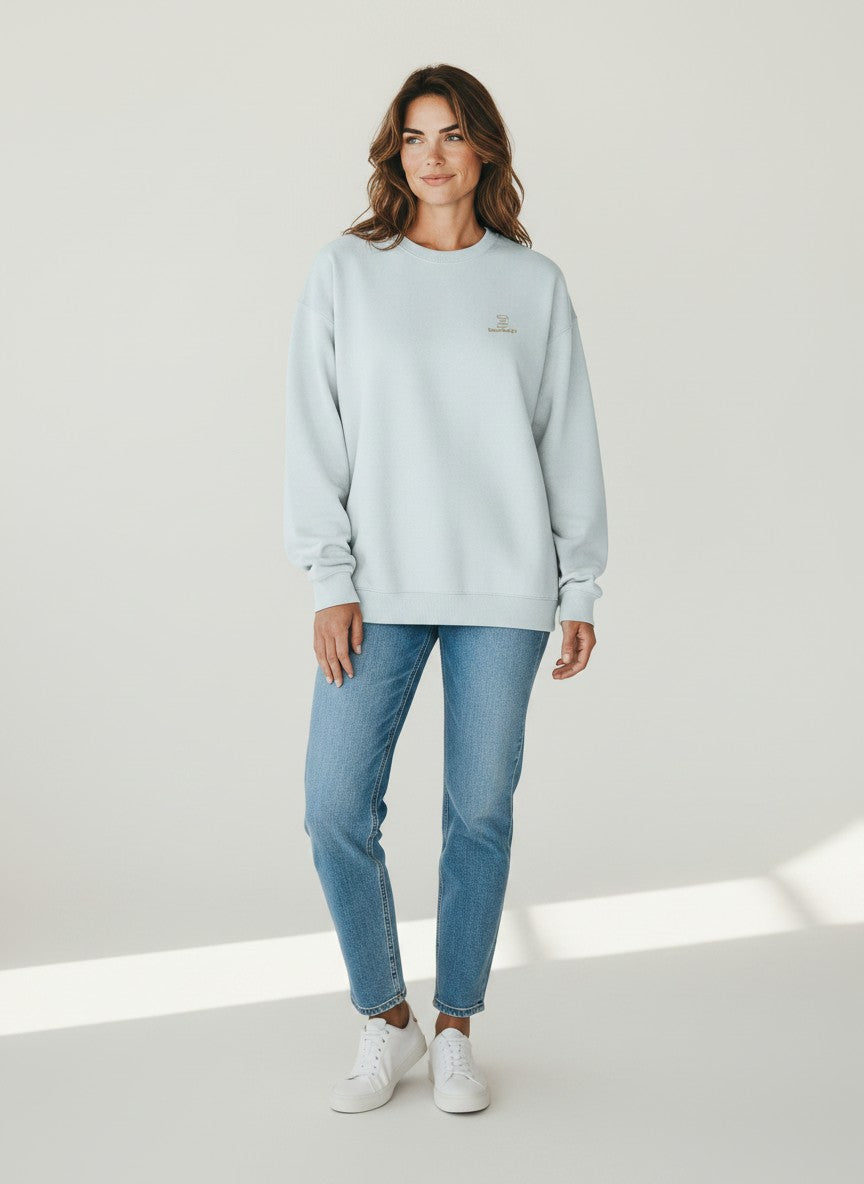 BeachBodyz® light blue oversized sweatshirt made from organic cotton with a subtle embroidered logo on the chest.