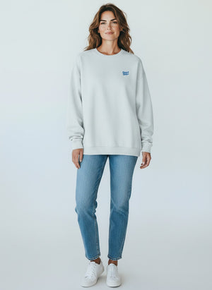 BeachBodyz® light blue oversized sweatshirt made from organic cotton with a small blue embroidered logo on the chest.