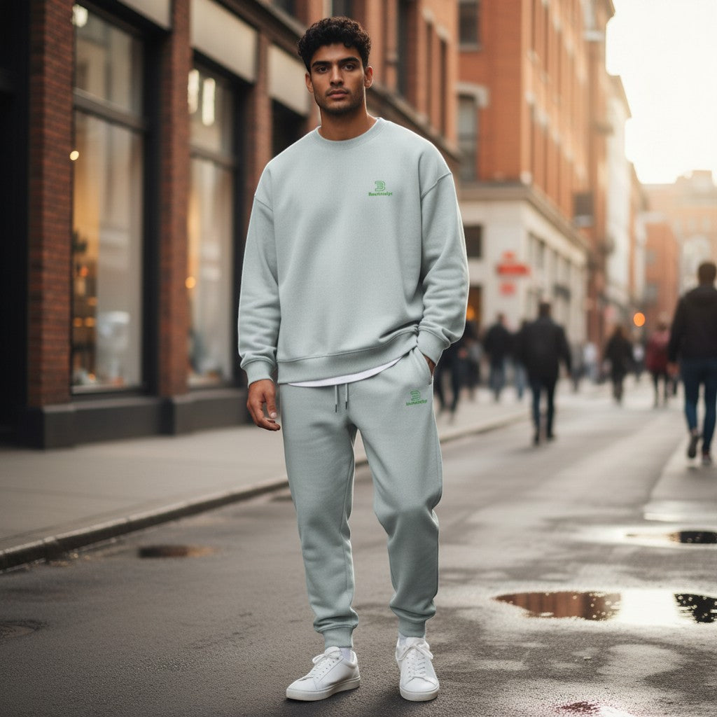 BeachBodyz® light blue oversized cotton sweatshirt with green embroidered logo on chest.