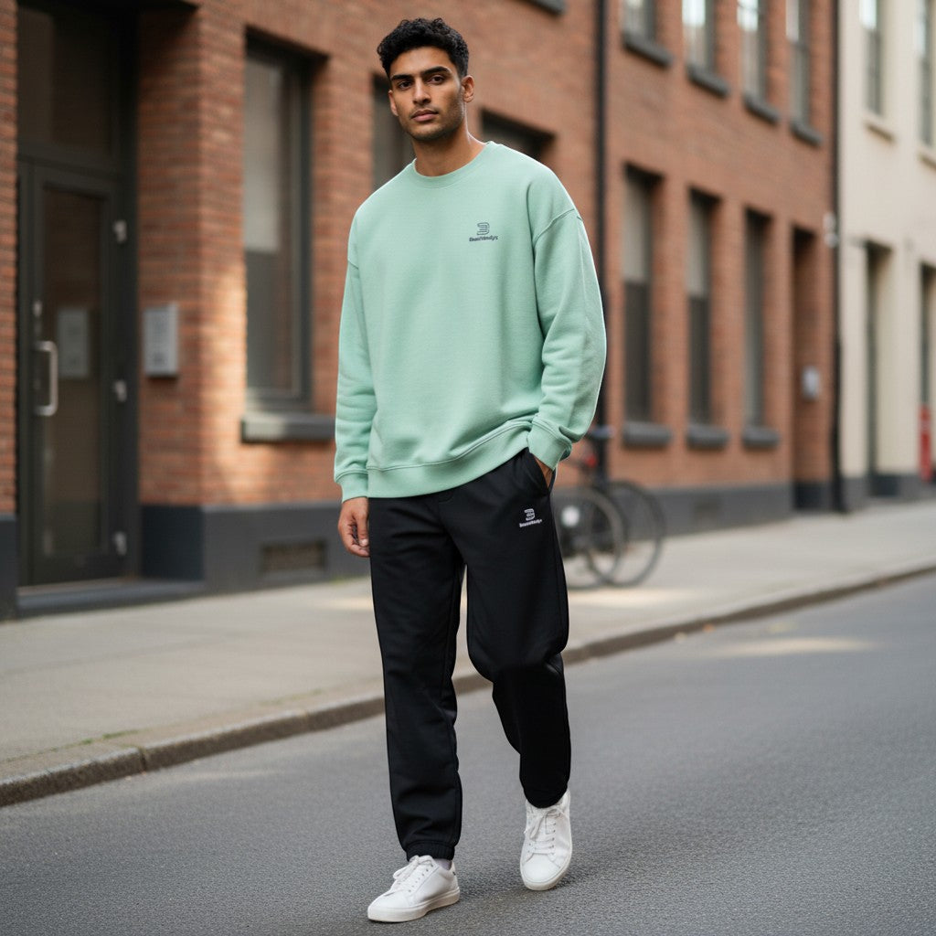 BeachBodyz® light green crewneck sweatshirt made of premium cotton with a small black logo on the chest.