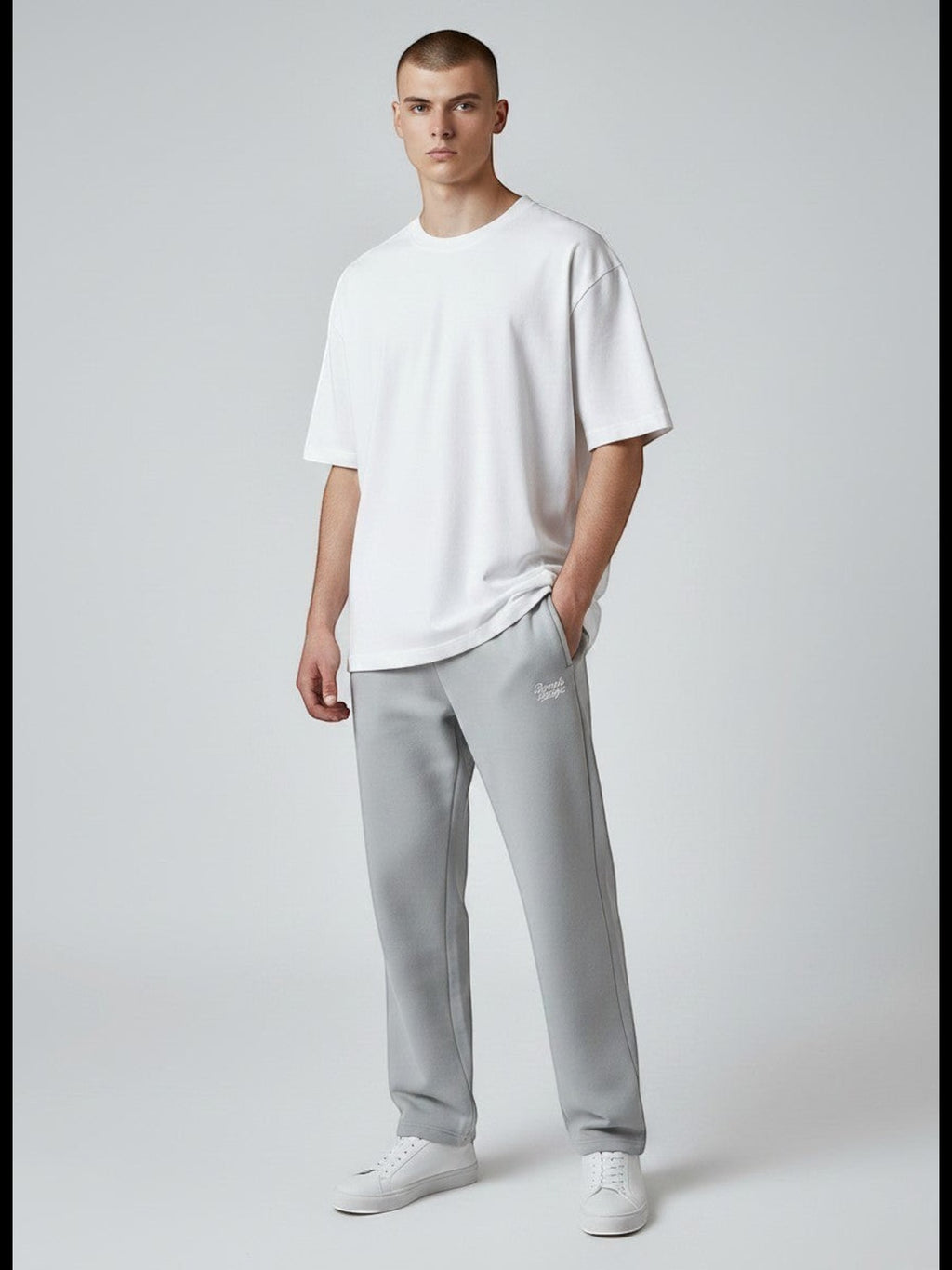 BeachBodyz® light grey cotton blend jogginghose with embroidered logo and elastic waistband. Comfortable streetwear style.