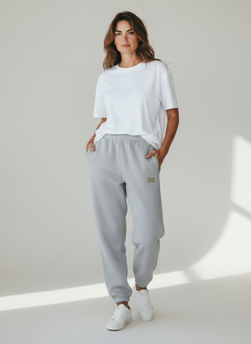 BeachBodyz® light grey fluffy cotton blend jogging pants with elastic waistband and subtle logo embroidery.