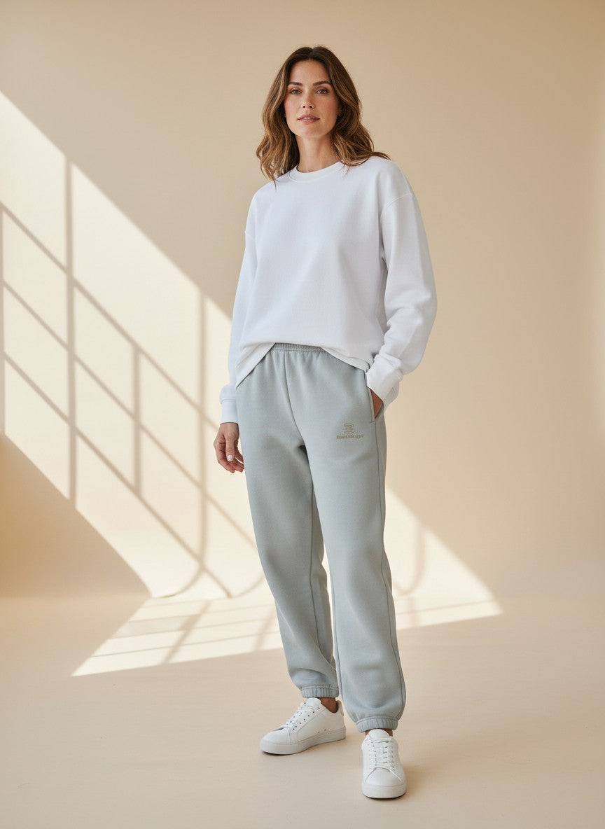 BeachBodyz® light grey oversized fluffy cotton blend jogging pants with elastic waistband and cuffs.