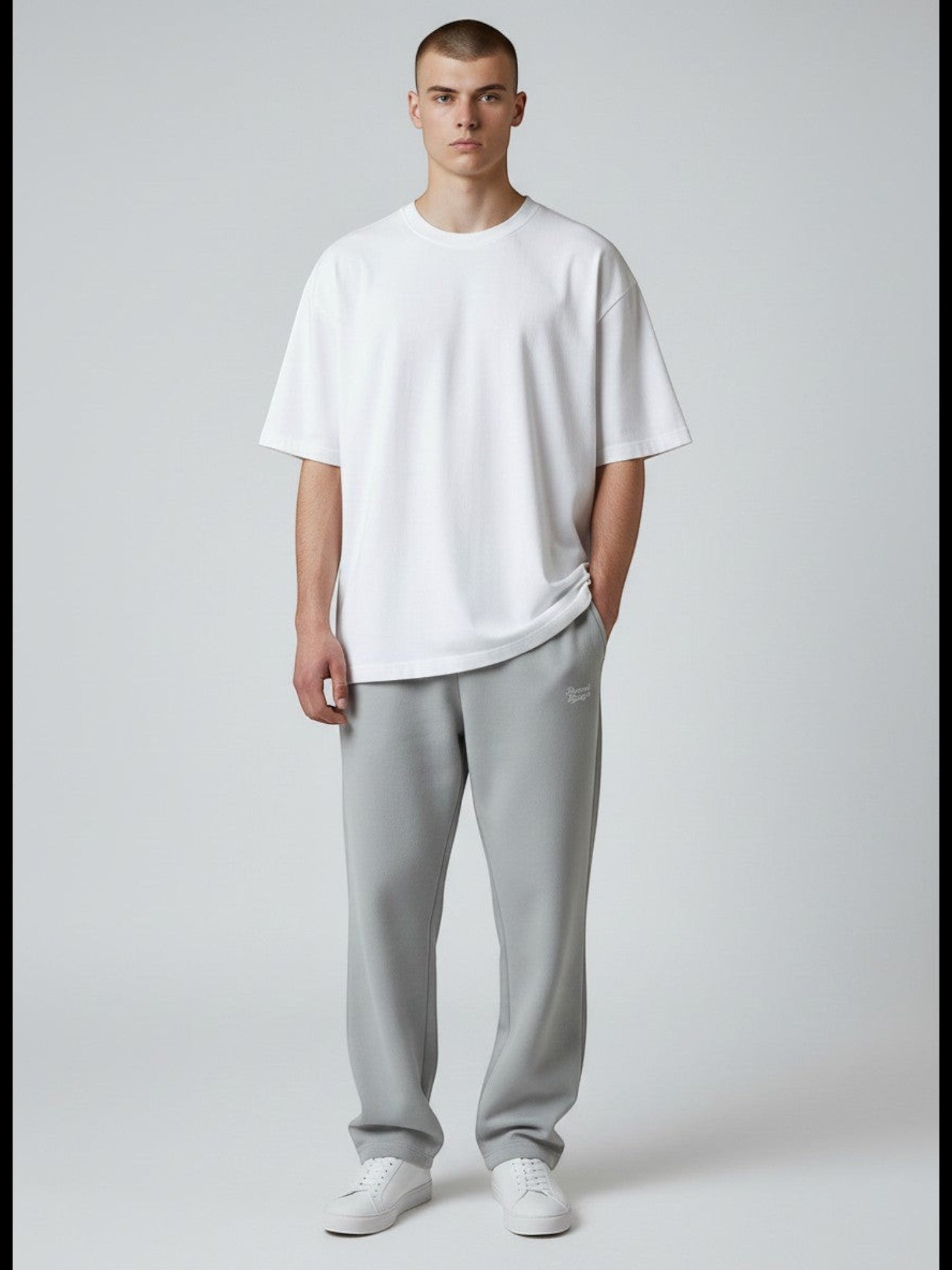BeachBodyz® light grey oversized fluffy jogging pants with elastic waistband and subtle logo embroidery.