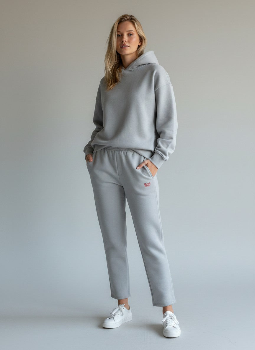 BeachBodyz® light grey cotton-blend jogging pants with embroidered logo, elastic waistband, and side pockets.