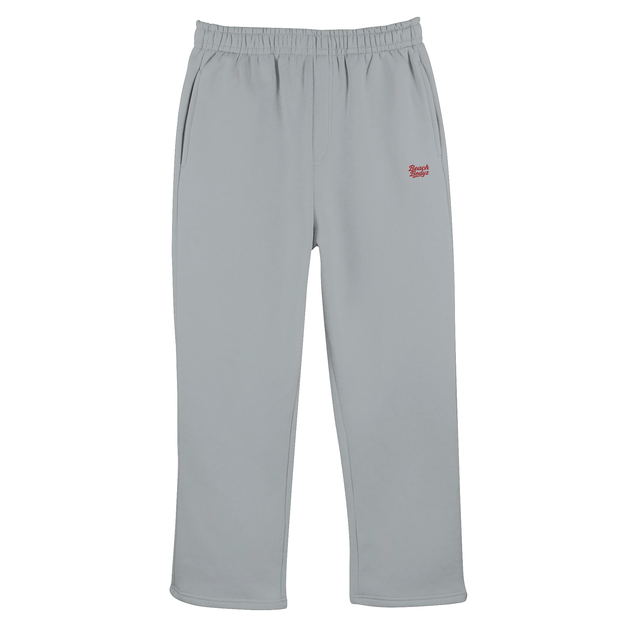 BeachBodyz® light grey cotton-polyester blend jogging pants with embroidered logo and elastic waistband.