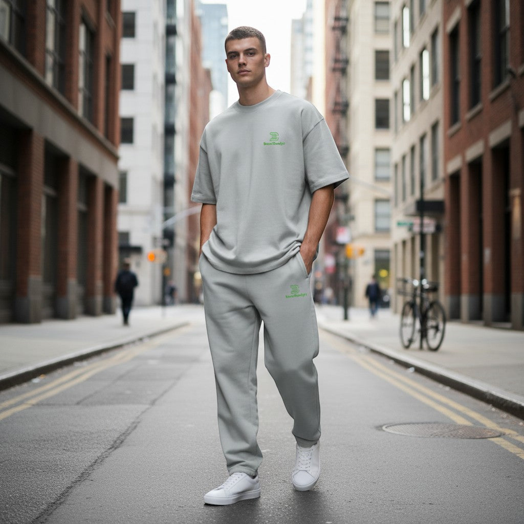 BeachBodyz® light grey cotton blend jogging pants with elastic waistband and green logo detail.