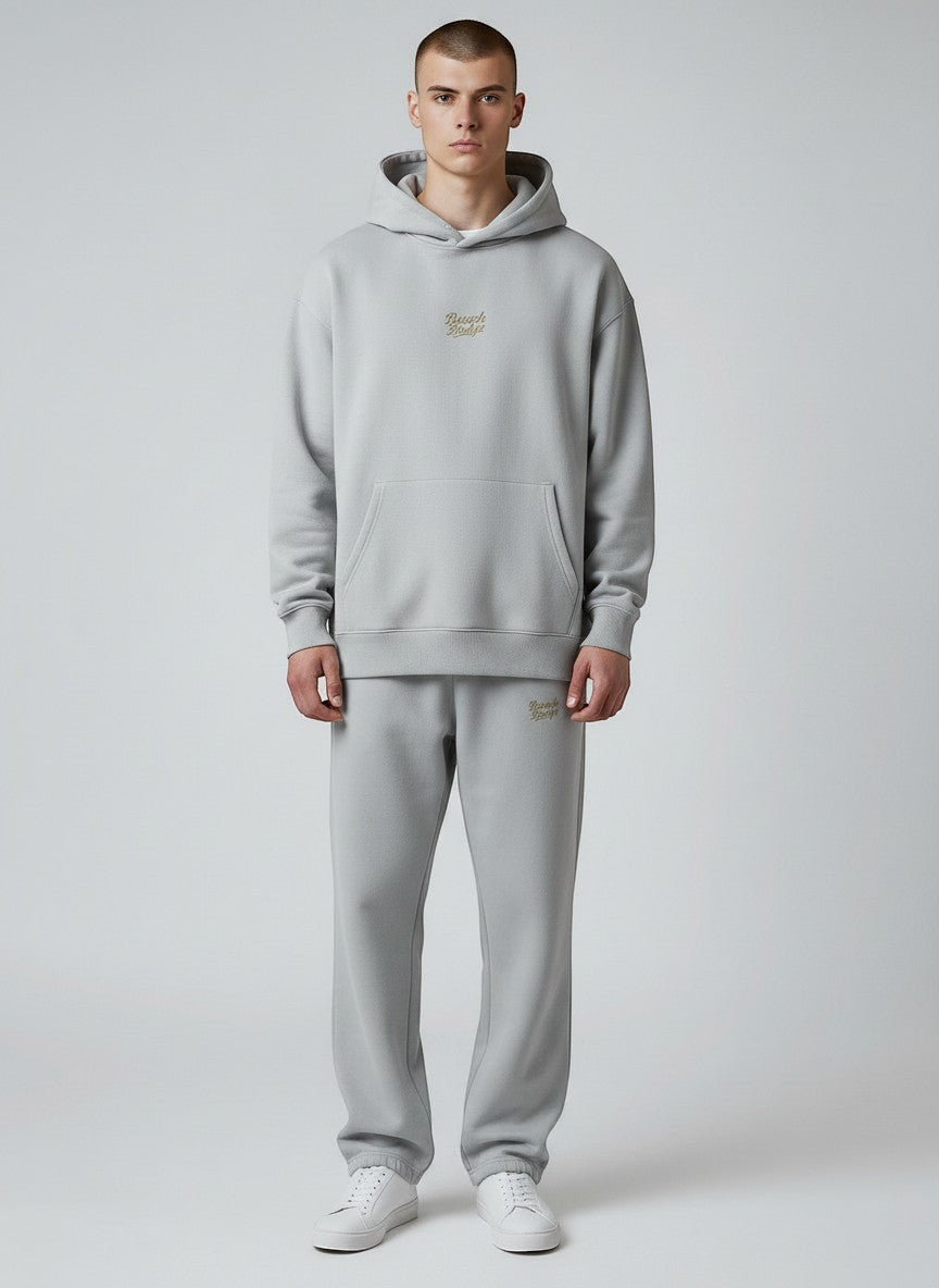 BeachBodyz® light grey fluffy cotton blend jogging pants with elastic waistband and embroidered logo.