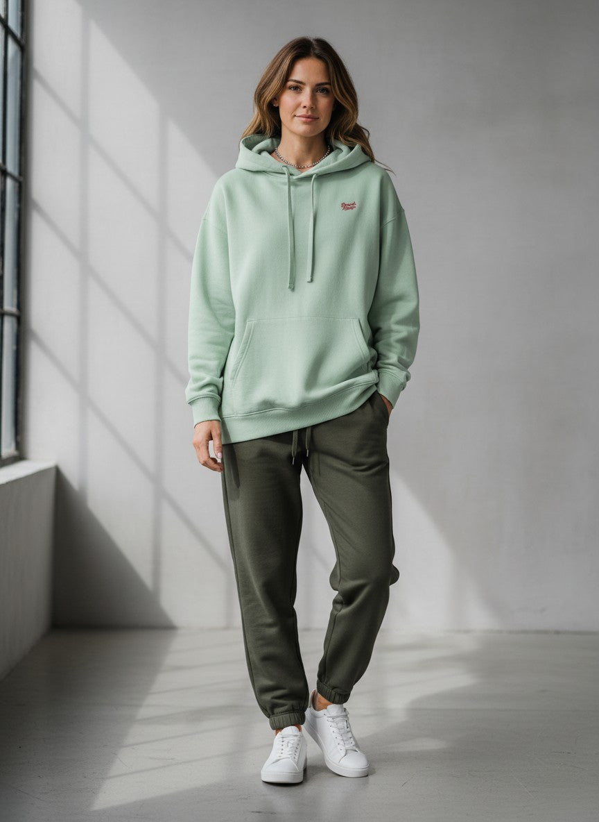 BeachBodyz® light mint green oversized hoodie made from 400gsm organic cotton with embroidered logo on chest.