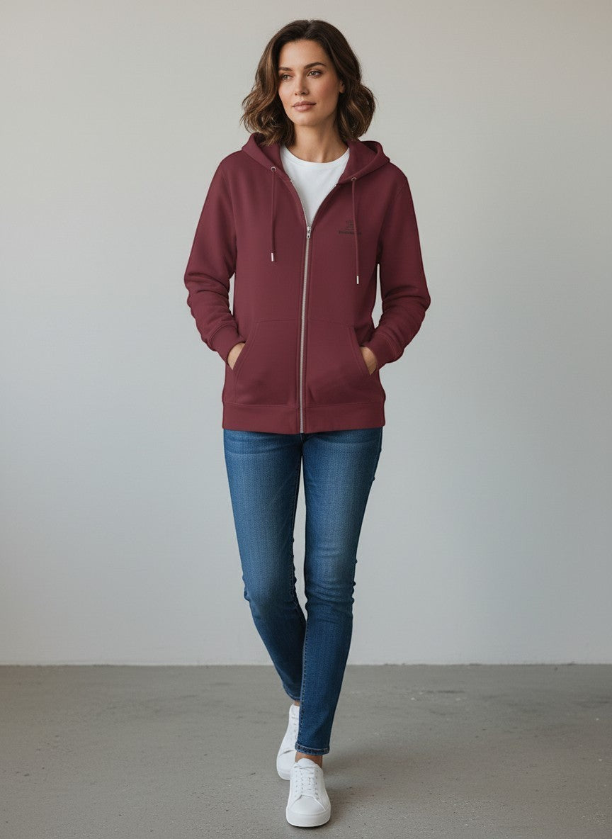 BeachBodyz® maroon zip-up hoodie with embroidered logo and front pockets. Made from soft, sustainable cotton blend.
