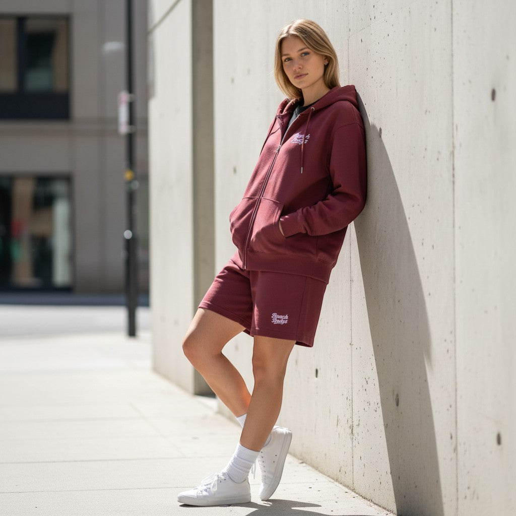 BeachBodyz® maroon cotton-blend zip-up hoodie with white embroidered logo and front pockets.