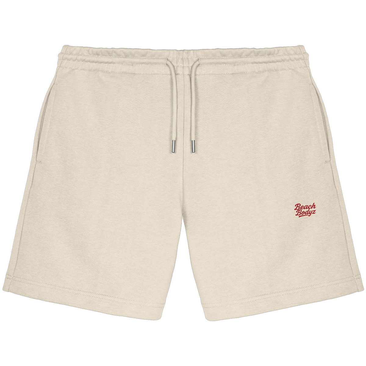 BeachBodyz® natural raw cotton jogger shorts with red embroidered logo, drawstring waist, and pockets.