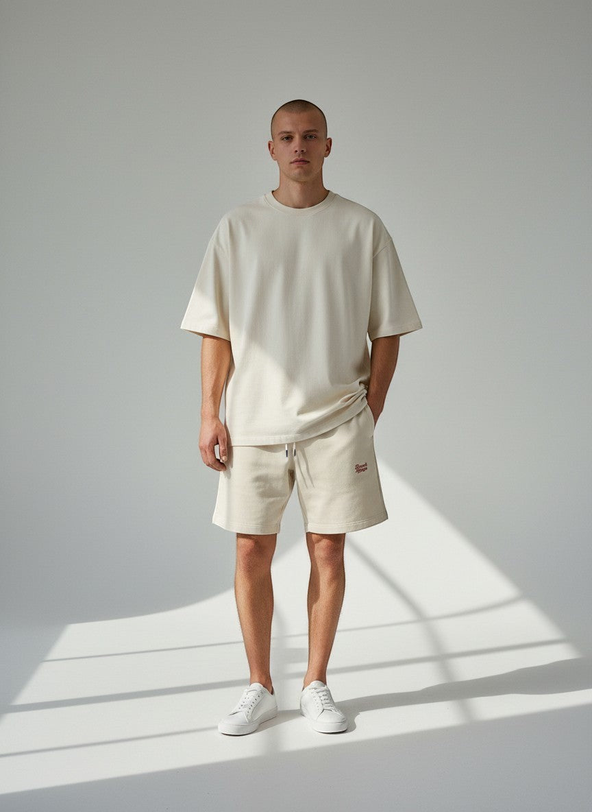 BeachBodyz® natural raw cotton jogger shorts with embroidered logo, drawstring waist, and pockets.