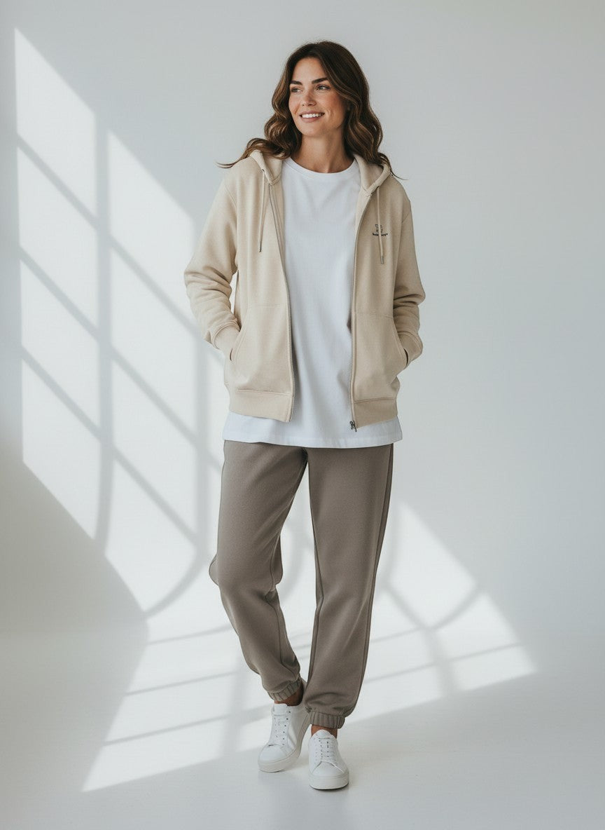 BeachBodyz® natural raw cotton zip-up hoodie with embroidered logo and front pockets.